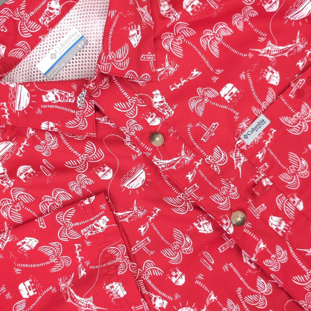 Columbia Shirt Mens Small Red Santa Christmas Hawaiian Short Sleeve Fishing PFG